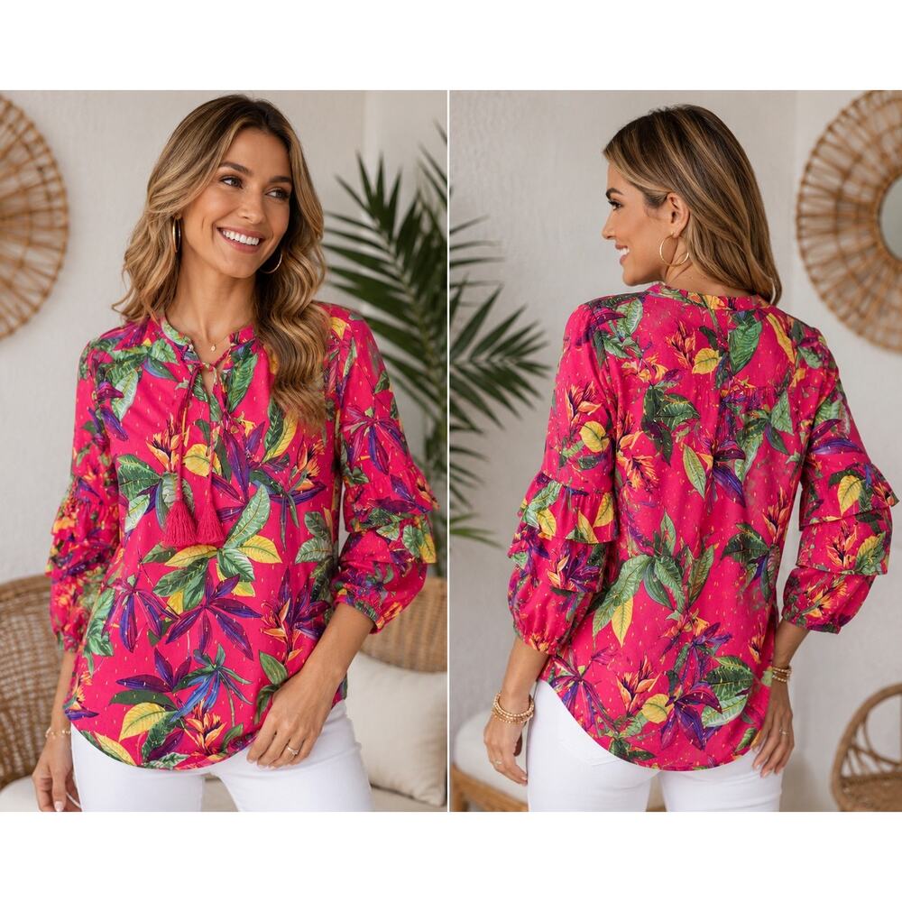 Chico’s Floral Peasant Blouse Pink Tassel Tie Ruffle Sleeve Women’s 0.5 S